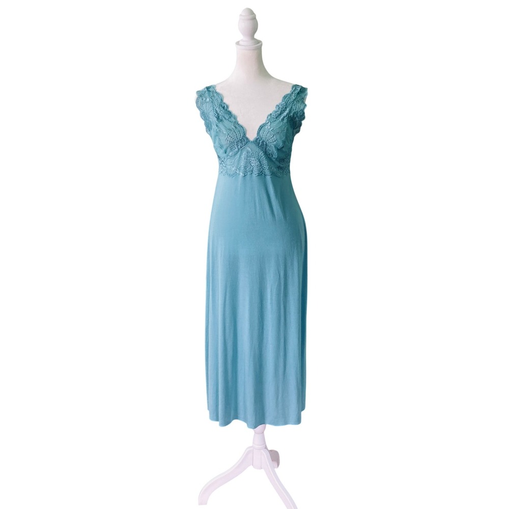 Natori Nightgown Floral Lace Cup Adjustable Straps Modal Babydoll Teal (Size S)